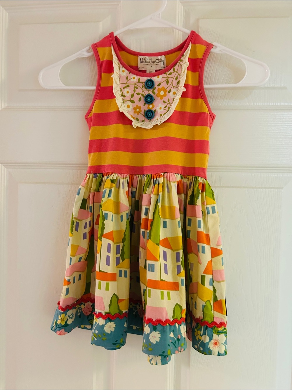 Matilda Jane Pink & Yellow Striped Dress with Colorful Town-Print Skirt
